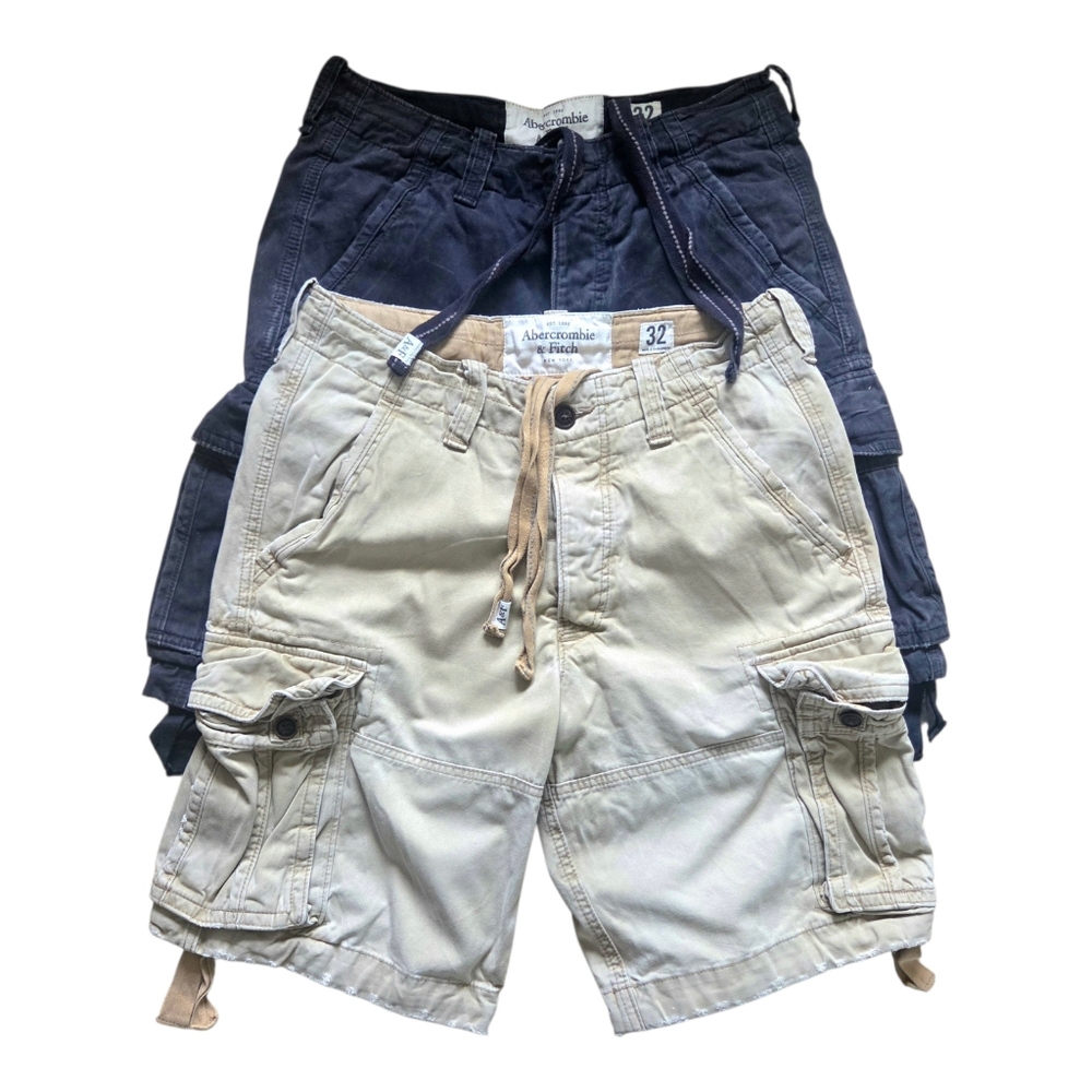 Vtg Y2K Abercrombie & Fitch New York Khaki & Navy Cargo Shorts Sz 32 Button Fly
